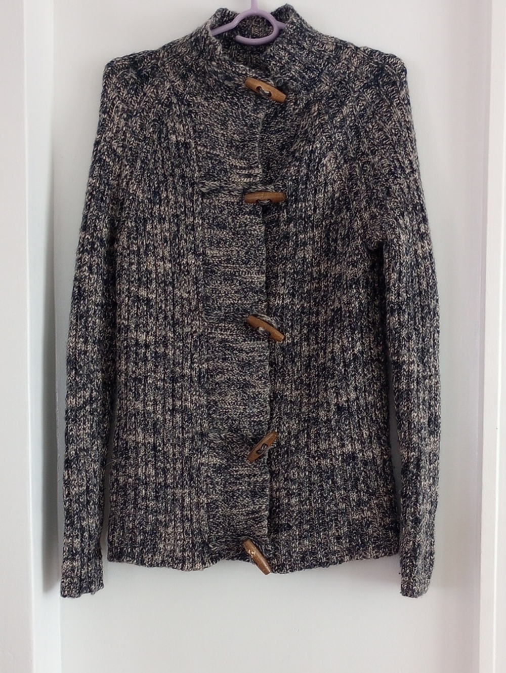 Ruff Hewn Wool Blend Deep Navy Blue & Cream Cable Knit Toggle Cardigan Size L